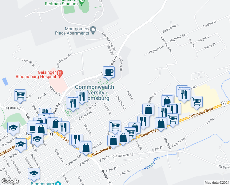 map of restaurants, bars, coffee shops, grocery stores, and more near 310 Chestnut Street in Bloomsburg