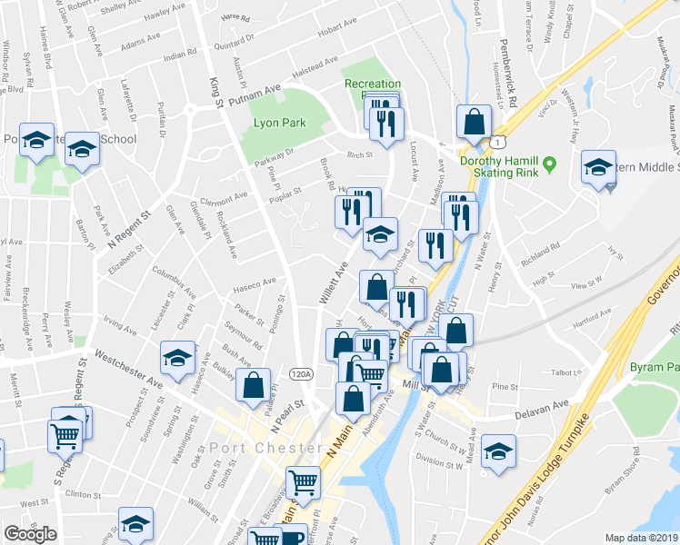 map of restaurants, bars, coffee shops, grocery stores, and more near 337 Willett Avenue in Port Chester