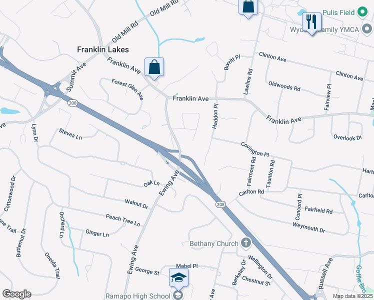 map of restaurants, bars, coffee shops, grocery stores, and more near 551 Ewing Avenue in Franklin Lakes