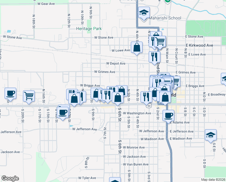 map of restaurants, bars, coffee shops, grocery stores, and more near 607 West Broadway Avenue in Fairfield