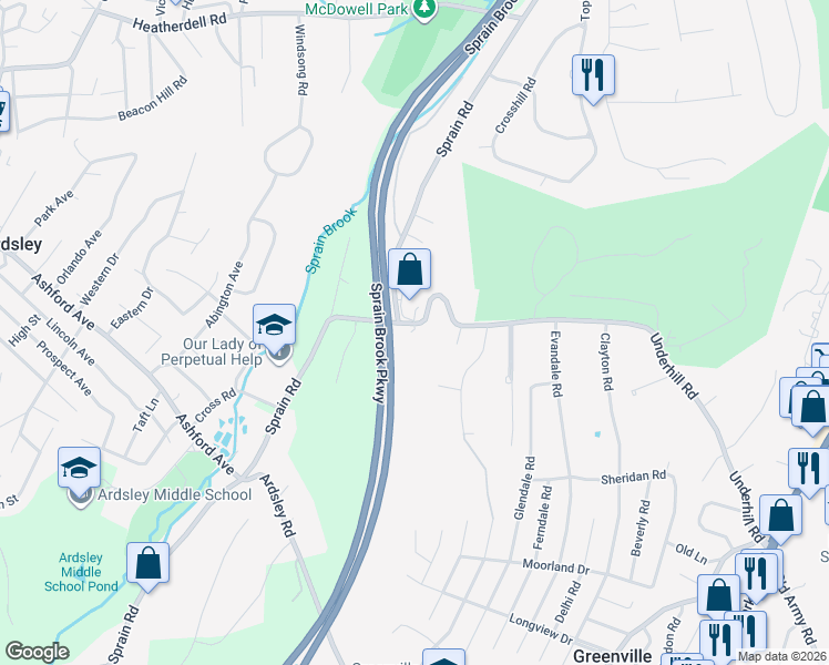 map of restaurants, bars, coffee shops, grocery stores, and more near 451 Underhill Road in Scarsdale