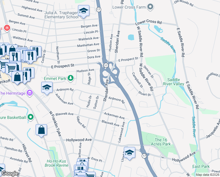 map of restaurants, bars, coffee shops, grocery stores, and more near 1 Maple Court in Waldwick