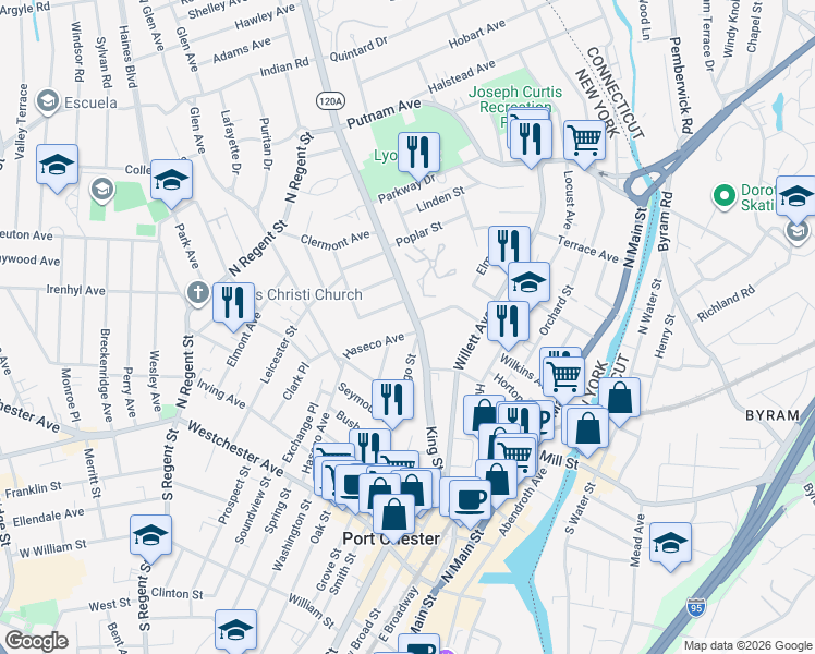 map of restaurants, bars, coffee shops, grocery stores, and more near 340 King Street in Port Chester