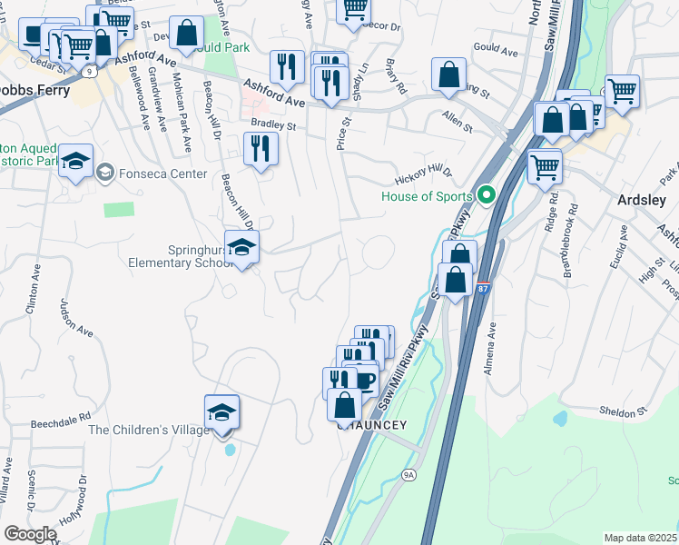 map of restaurants, bars, coffee shops, grocery stores, and more near 24 Round Hill Road in Dobbs Ferry
