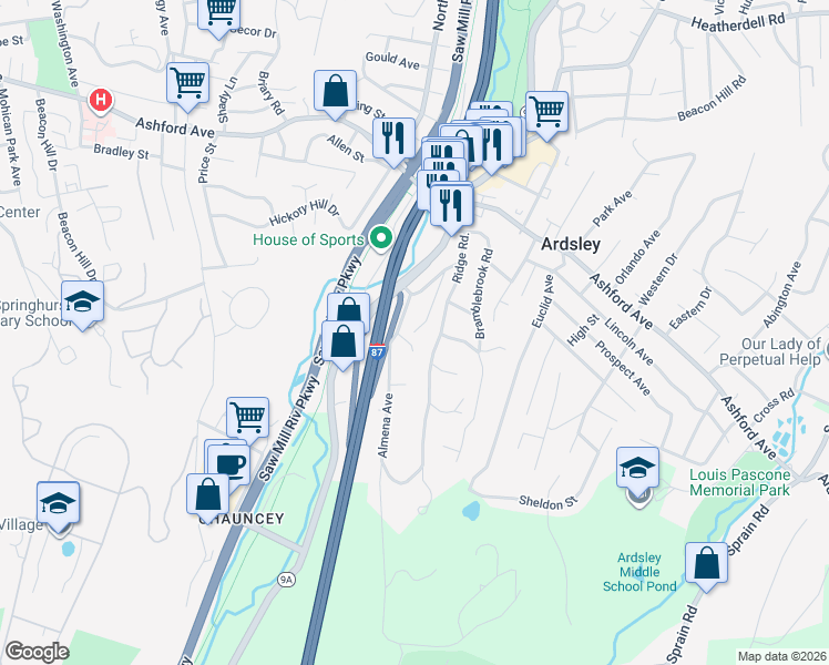 map of restaurants, bars, coffee shops, grocery stores, and more near 35 Bonaventure Avenue in Ardsley