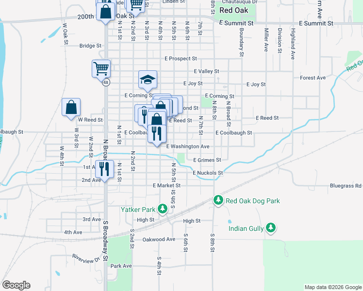 map of restaurants, bars, coffee shops, grocery stores, and more near 507 East Washington Avenue in Red Oak