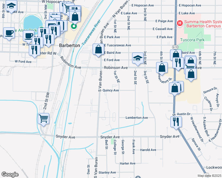 map of restaurants, bars, coffee shops, grocery stores, and more near 74-82 1st Street Southeast in Barberton