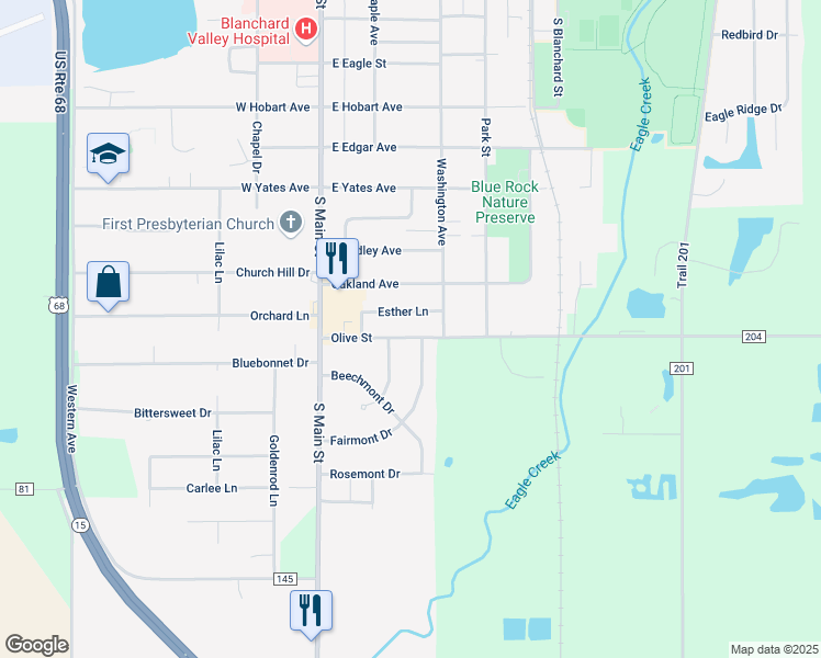 map of restaurants, bars, coffee shops, grocery stores, and more near 215 Esther Lane in Findlay