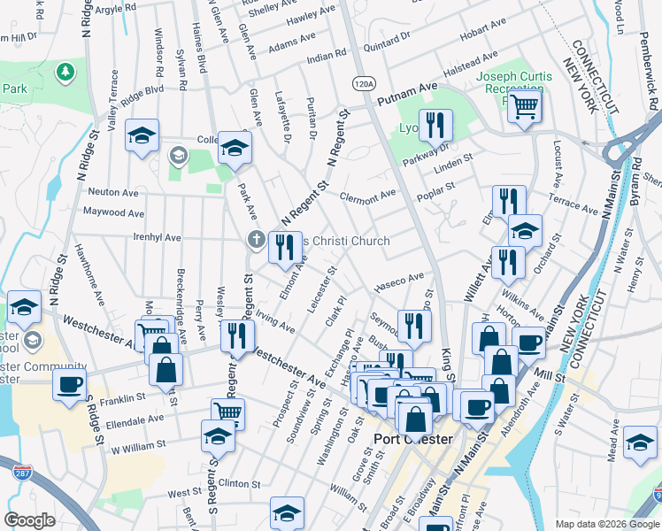 map of restaurants, bars, coffee shops, grocery stores, and more near 100 Leicester Street in Port Chester