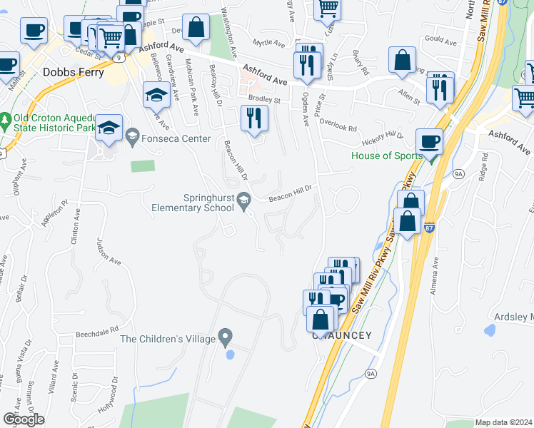 map of restaurants, bars, coffee shops, grocery stores, and more near 29 Ridge Road in Dobbs Ferry