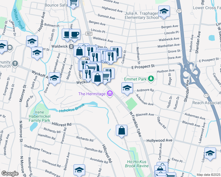 map of restaurants, bars, coffee shops, grocery stores, and more near 9 Franklin Turnpike in Waldwick