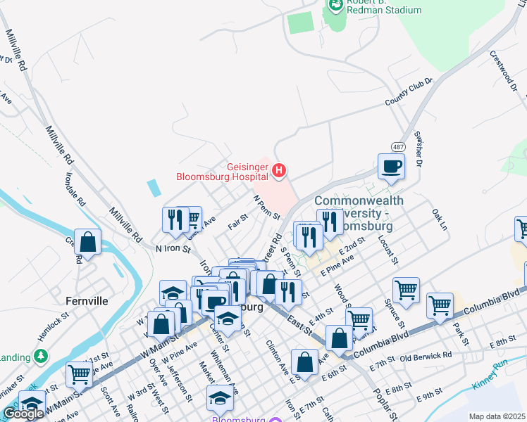 map of restaurants, bars, coffee shops, grocery stores, and more near 361 Fair Street in Bloomsburg