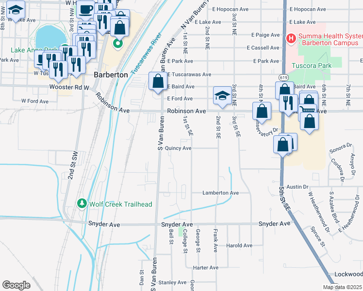map of restaurants, bars, coffee shops, grocery stores, and more near 74-82 1st Street Southeast in Barberton