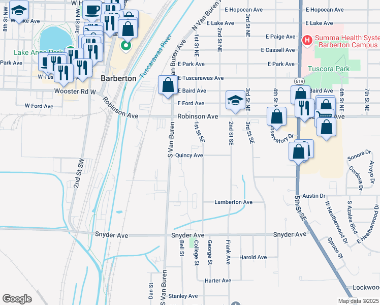 map of restaurants, bars, coffee shops, grocery stores, and more near 74-82 1st Street Southeast in Barberton