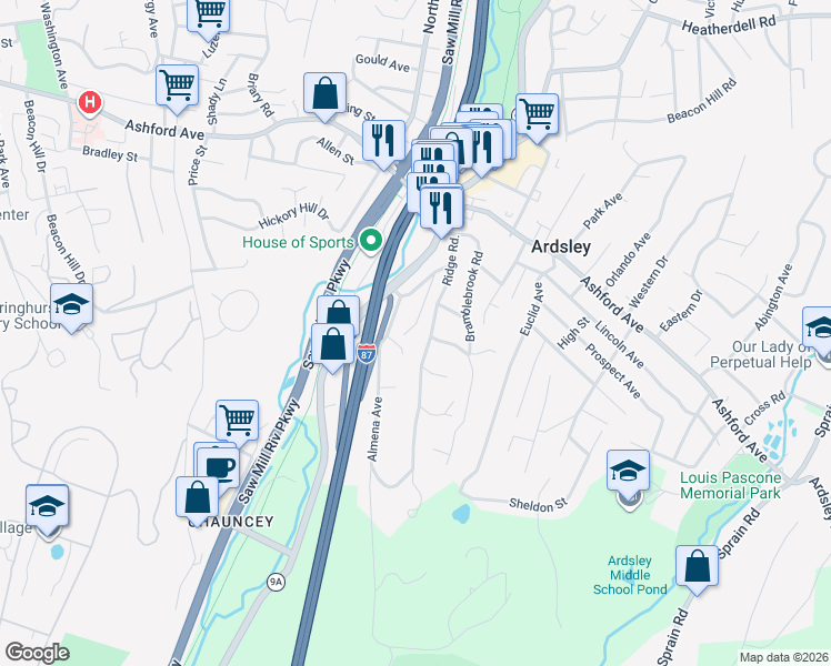 map of restaurants, bars, coffee shops, grocery stores, and more near 25 Bonaventure Avenue in Ardsley