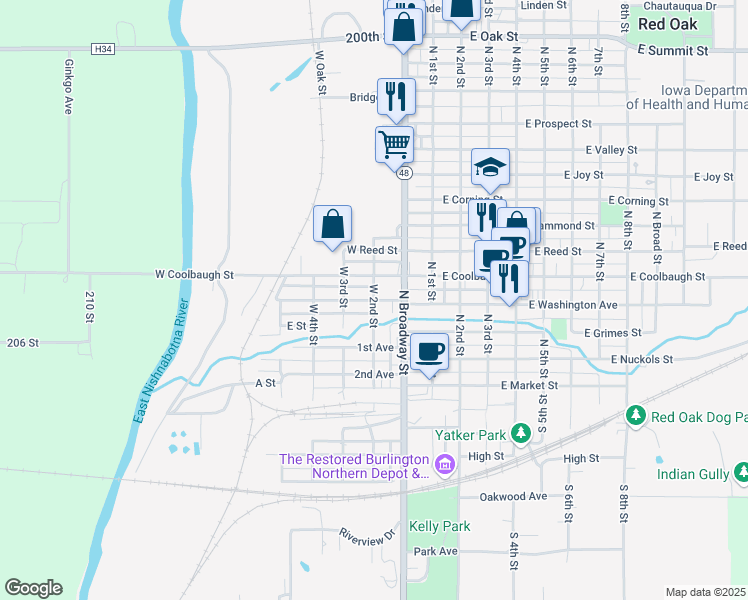 map of restaurants, bars, coffee shops, grocery stores, and more near 400 West 2nd Street in Red Oak