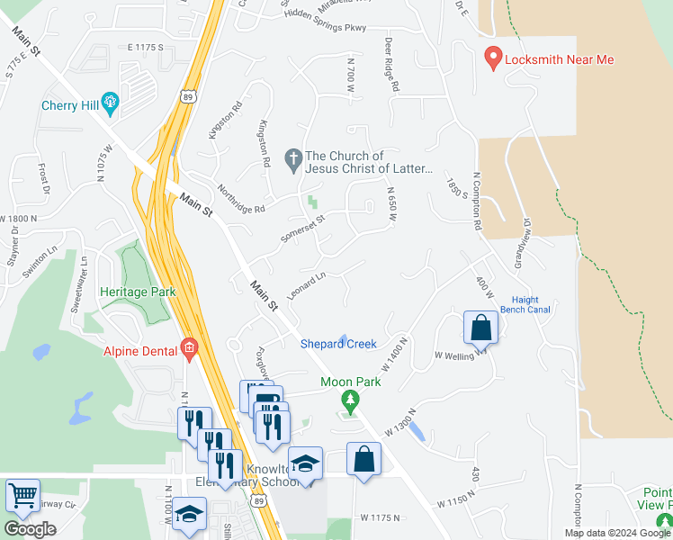 map of restaurants, bars, coffee shops, grocery stores, and more near 728 Leonard Lane in Farmington