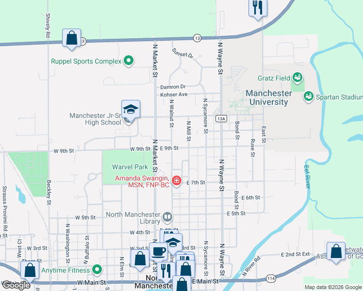 map of restaurants, bars, coffee shops, grocery stores, and more near 905 N Walnut St in North Manchester