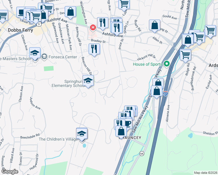 map of restaurants, bars, coffee shops, grocery stores, and more near 1 Ridge Road in Dobbs Ferry