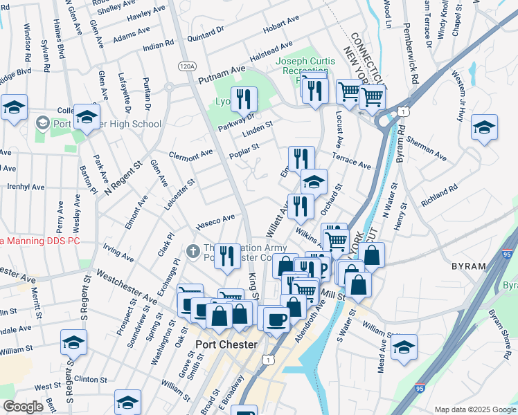 map of restaurants, bars, coffee shops, grocery stores, and more near 317 King Street in Port Chester
