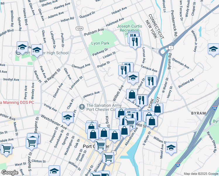 map of restaurants, bars, coffee shops, grocery stores, and more near 317 King Street in Port Chester