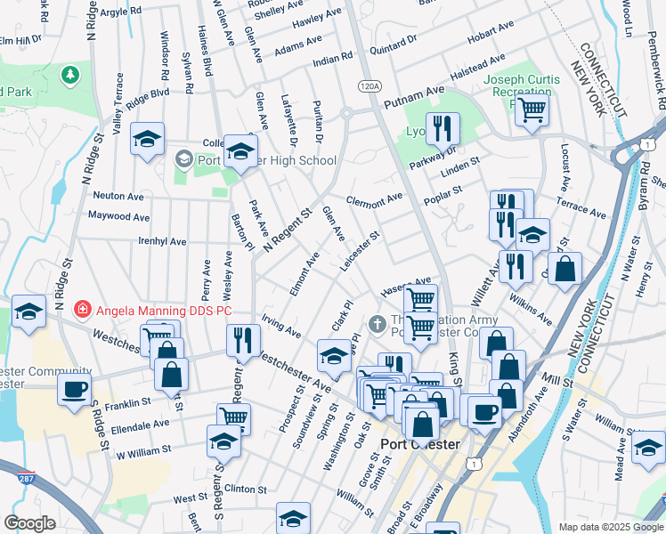 map of restaurants, bars, coffee shops, grocery stores, and more near 100 Leicester Street in Port Chester