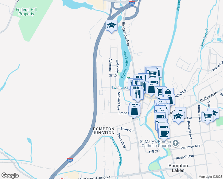 map of restaurants, bars, coffee shops, grocery stores, and more near 336 Ackerman Place in Pompton Lakes