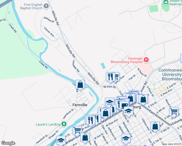 map of restaurants, bars, coffee shops, grocery stores, and more near 137 Millville Road in Bloomsburg