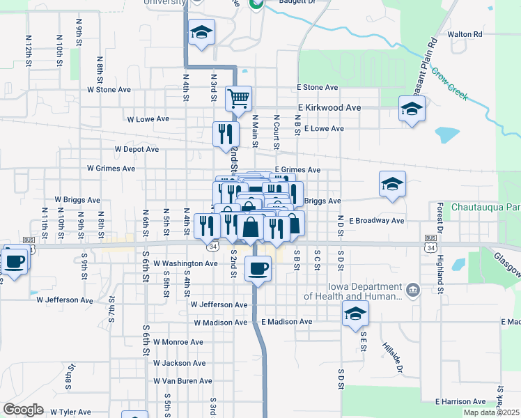 map of restaurants, bars, coffee shops, grocery stores, and more near 123 North Main Street in Fairfield