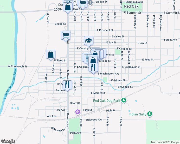 map of restaurants, bars, coffee shops, grocery stores, and more near 300 East Coolbaugh Street in Red Oak