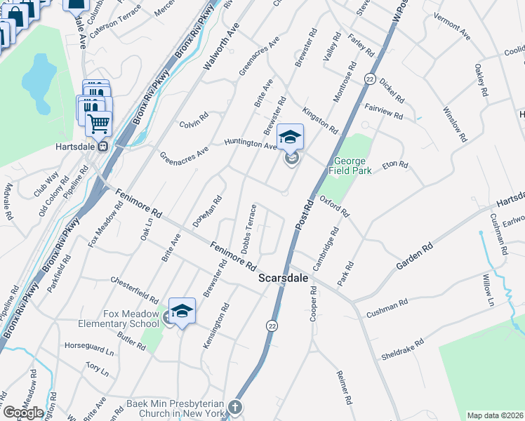 map of restaurants, bars, coffee shops, grocery stores, and more near 29 Dobbs Terrace in Scarsdale