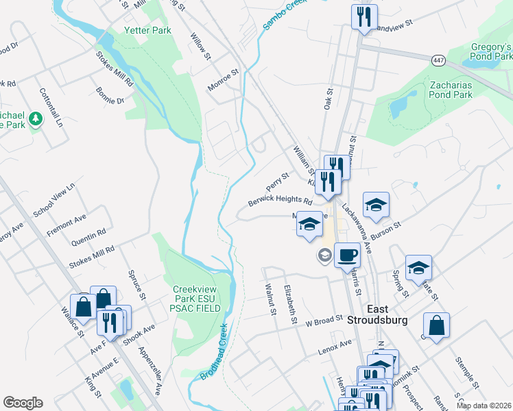 map of restaurants, bars, coffee shops, grocery stores, and more near 137-143 Berwick Heights Road in East Stroudsburg