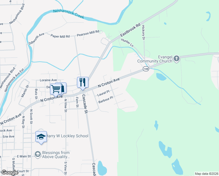 map of restaurants, bars, coffee shops, grocery stores, and more near 1328 North Croton Avenue in New Castle