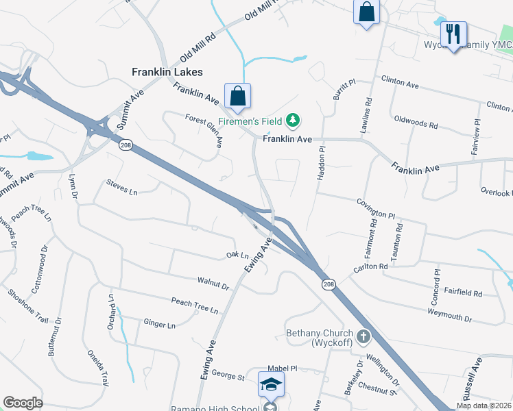 map of restaurants, bars, coffee shops, grocery stores, and more near 544 Ewing Avenue in Franklin Lakes