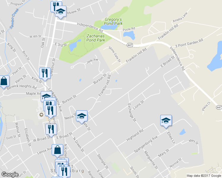 map of restaurants, bars, coffee shops, grocery stores, and more near 2 Gilliland Drive in East Stroudsburg