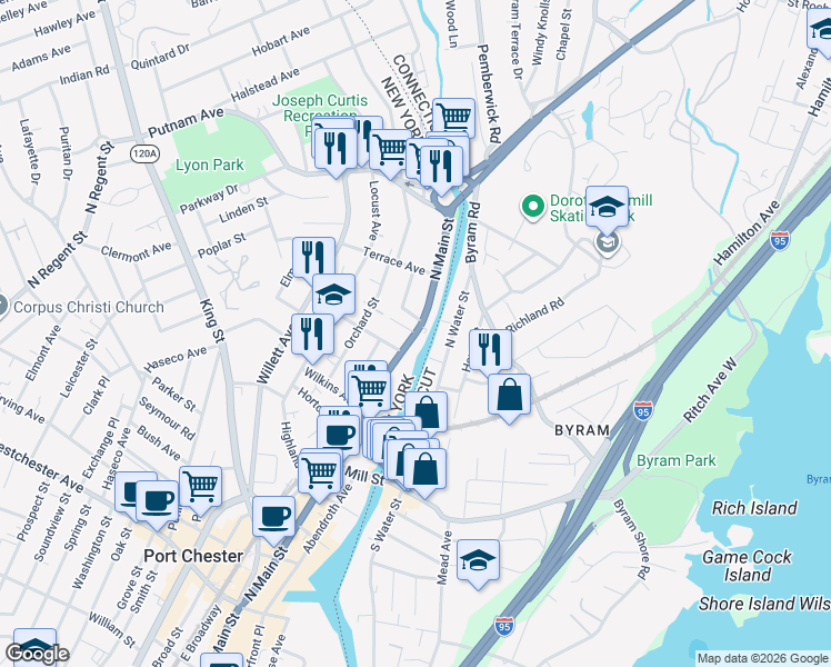 map of restaurants, bars, coffee shops, grocery stores, and more near North Main Street & Read Street in Port Chester