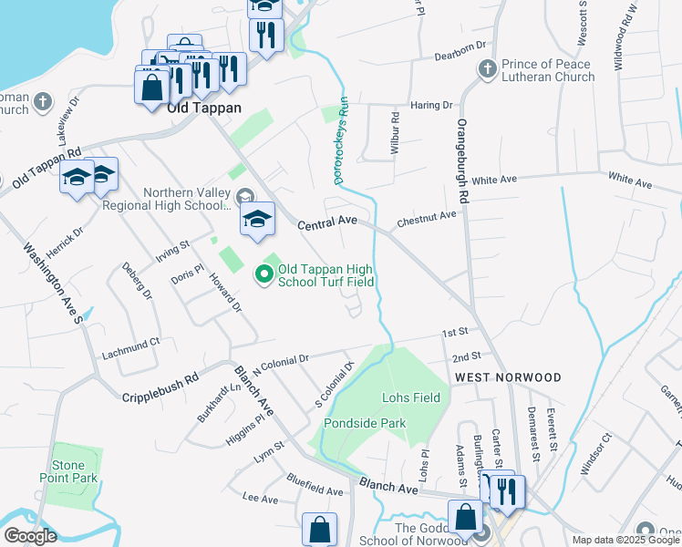 map of restaurants, bars, coffee shops, grocery stores, and more near 48 Foxwood Square in Old Tappan