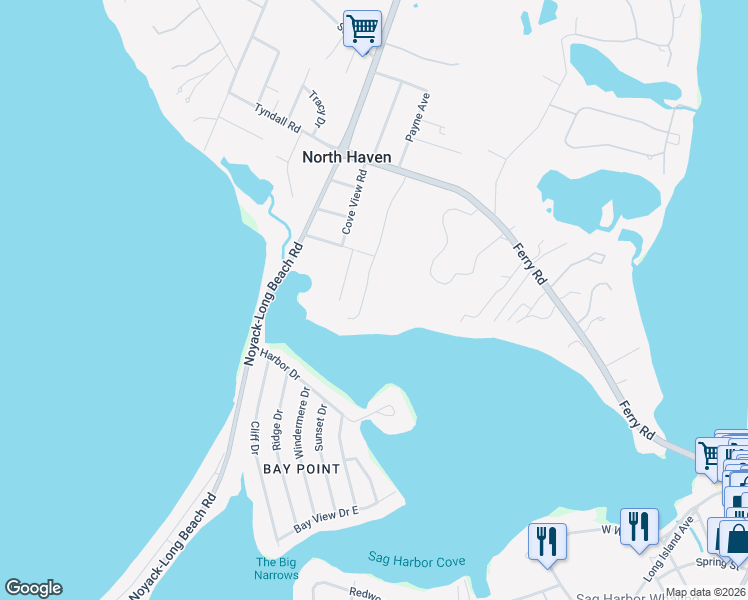 map of restaurants, bars, coffee shops, grocery stores, and more near 41 Coves End Lane in Sag Harbor