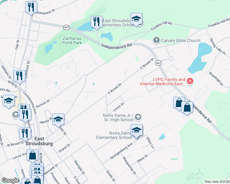 map of restaurants, bars, coffee shops, grocery stores, and more near 257 East Broad Street in East Stroudsburg