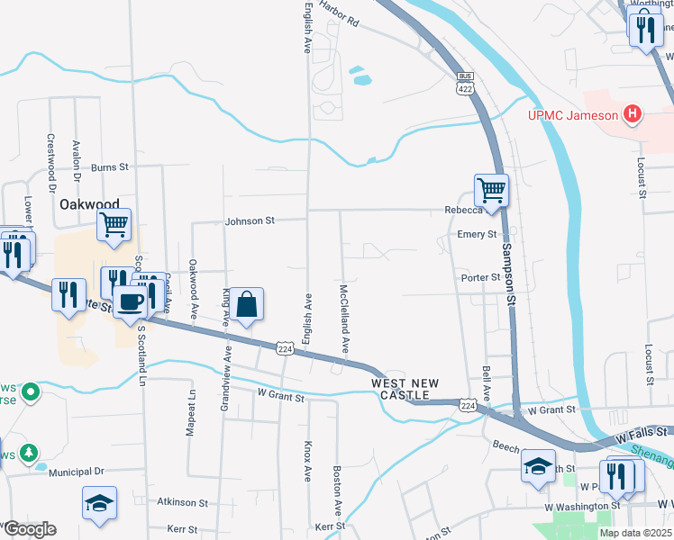 map of restaurants, bars, coffee shops, grocery stores, and more near 3062 McClelland Avenue in New Castle