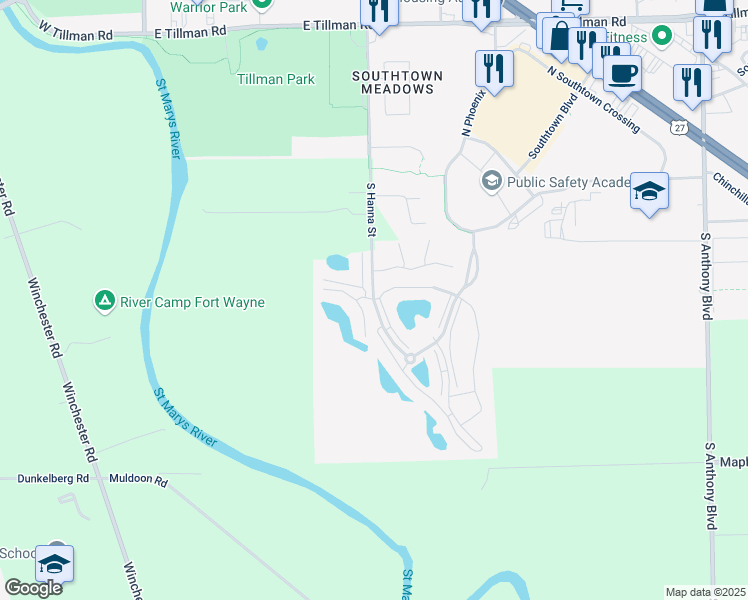 map of restaurants, bars, coffee shops, grocery stores, and more near 8138 Bridgeway Circle in Fort Wayne