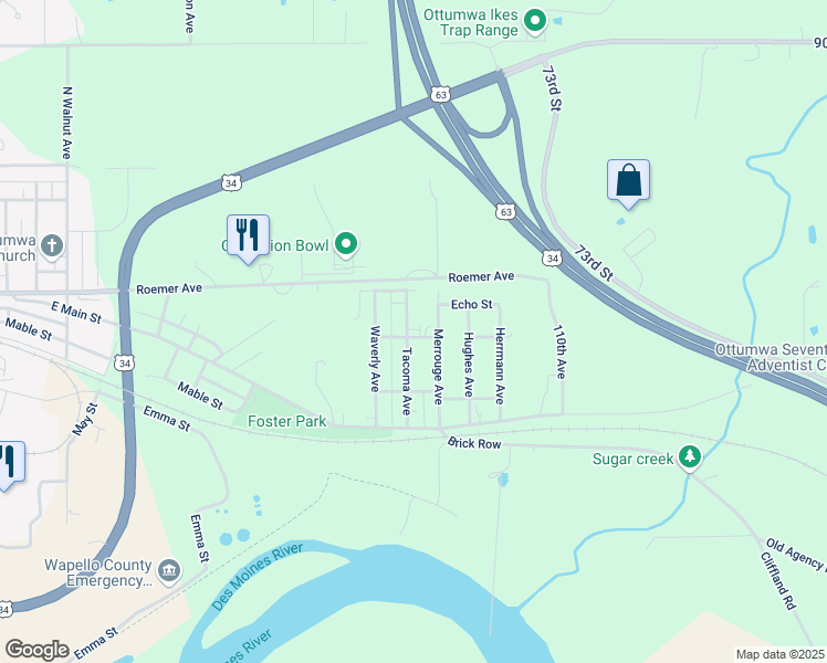 map of restaurants, bars, coffee shops, grocery stores, and more near 400 Tacoma Avenue in Ottumwa
