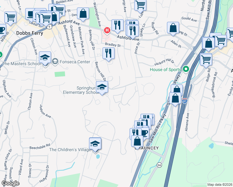 map of restaurants, bars, coffee shops, grocery stores, and more near 17 Ridge Road in Dobbs Ferry