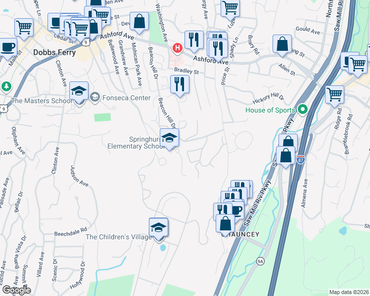 map of restaurants, bars, coffee shops, grocery stores, and more near 29 Ridge Road in Dobbs Ferry