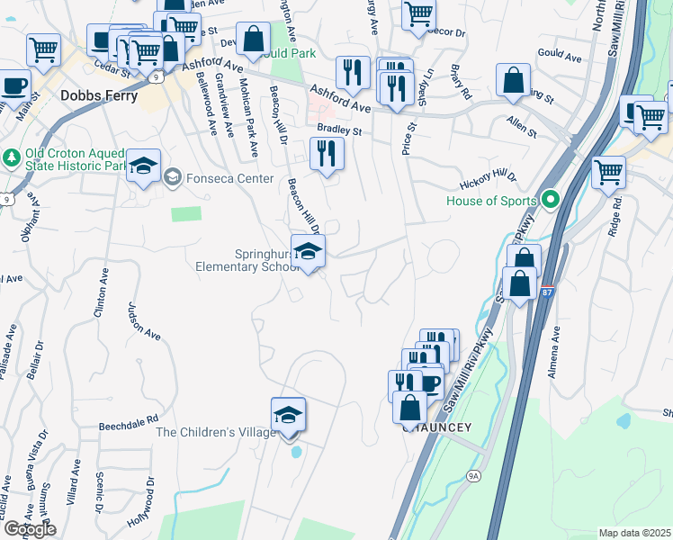 map of restaurants, bars, coffee shops, grocery stores, and more near 29 Ridge Road in Dobbs Ferry
