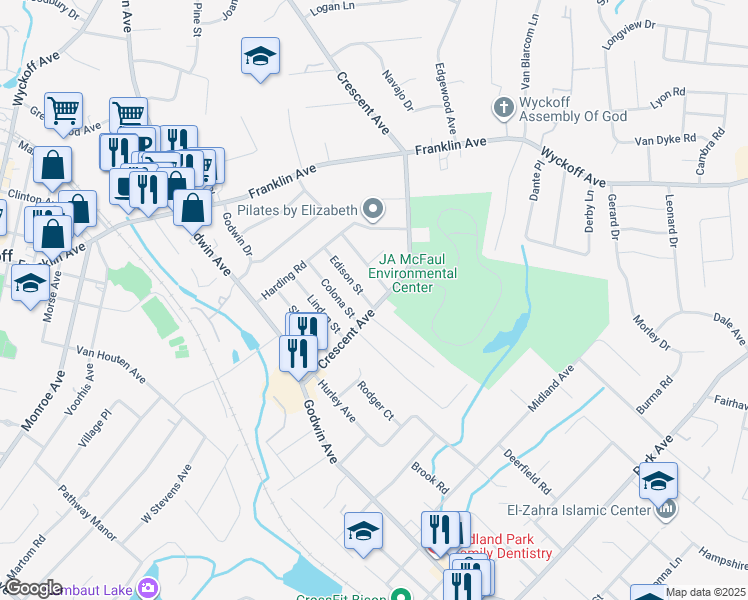 map of restaurants, bars, coffee shops, grocery stores, and more near 90 Edison Street in Wyckoff