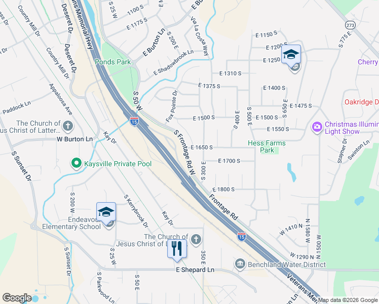 map of restaurants, bars, coffee shops, grocery stores, and more near 278 East 1650 South in Kaysville