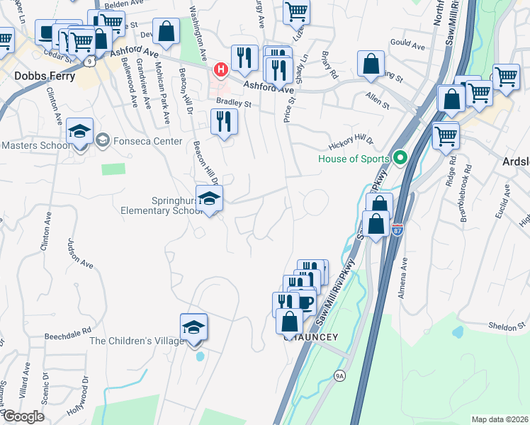 map of restaurants, bars, coffee shops, grocery stores, and more near 1 Ridge Road in Dobbs Ferry