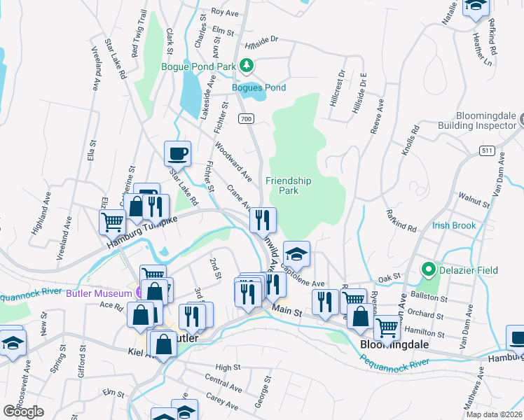 map of restaurants, bars, coffee shops, grocery stores, and more near 24 Babcock Lane in Bloomingdale