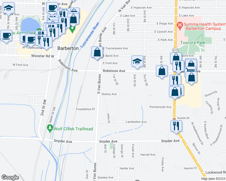 map of restaurants, bars, coffee shops, grocery stores, and more near 74-82 1st Street Southeast in Barberton
